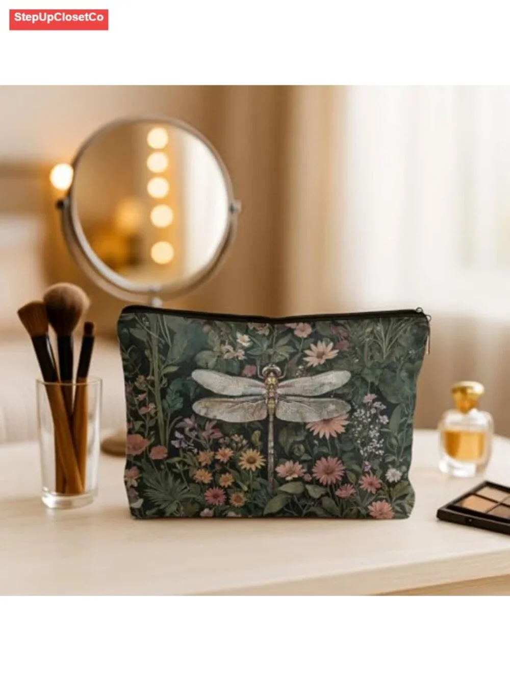 Waterproof Linen Floral Makeup Bag, Double-Sided Cosmetic Zipper Pouch